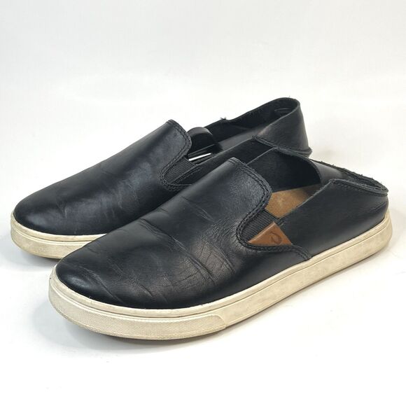 OluKai Pehuea Leather Slip On Shoes Floc Fox Black Slides 2 Way Loafers 6.5 US - Picture 5 of 9